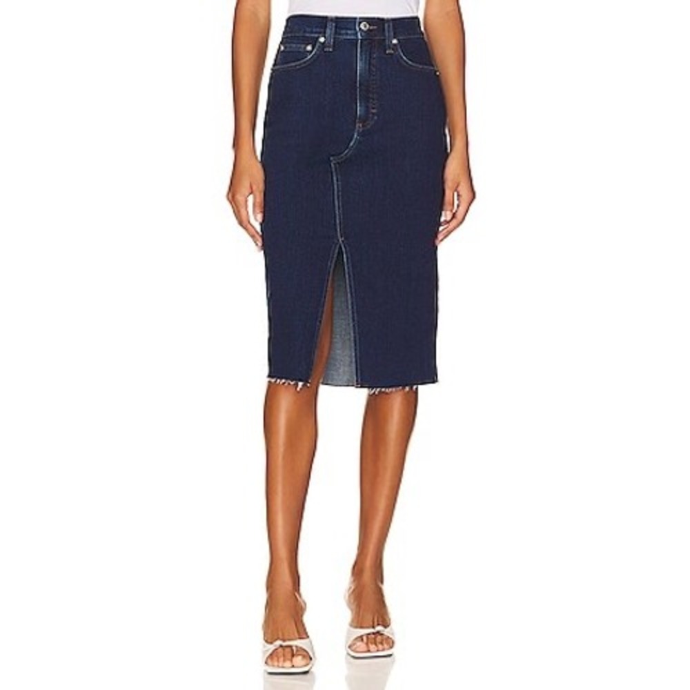 Veronica Beard Washed Oxford Denim Midi Skirt Raw Hem Slit Blue Size 0